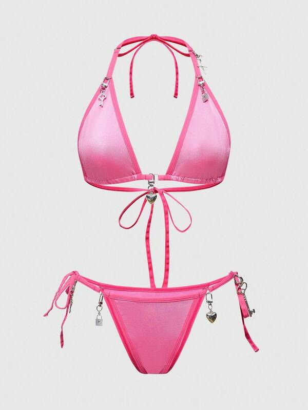 ROMWE J-Fashion Y2K Babe Heart Keyhole Metallic Wireless Sexy Lingerie Set For Women