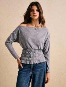 Poéselle 女士T恤，褶裥腰T恤，不对称领T恤，灰色T恤，舒适基础款打底衫，休闲女士纯色不对称领收腰T恤，春秋季女装，冬季女装 - 灰色 - 查看 3