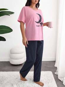 EURMUSE Cottonline 2pcs Plus Size Contrast Colour Moon Printed Short Sleeve Shirt And Star Printed Sleep Bottom PJ Set - Pink - View 3