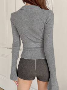 DAZY Sexy Plunging Collar Fitted Elegant Button Tie-Front Cardigan - Grey - View 2