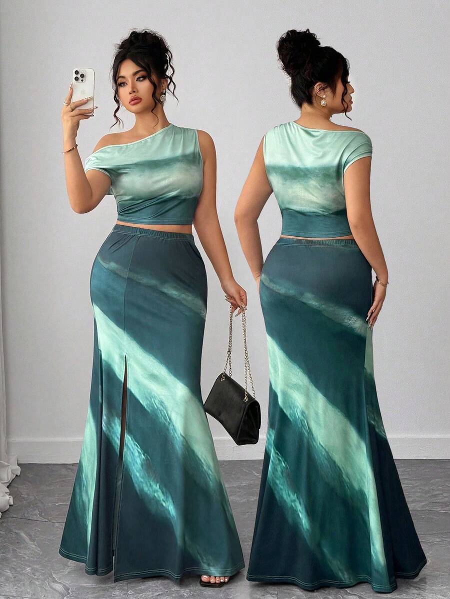 Elenzga Halloween Plus Size Women's Tie-Dye Asymmetric Collar Cropped Top And Bodycon Mini Skirt 2 Pieces Set, Suitable For Vacation - Multicolor - View 1