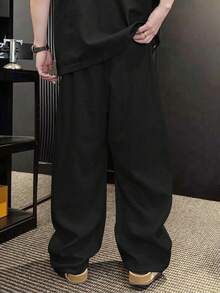 Claim Dot 男士宽松直筒休闲裤，亚麻松紧腰长裤，秋季 - 黑色 - 查看 2