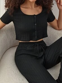 EURMUSE Women 2 Pcs Button Front Detail Crop Short Sleeve Shirt And Fake Drawstring Detail Lounge Bottom Homewear Set - Black - View 4