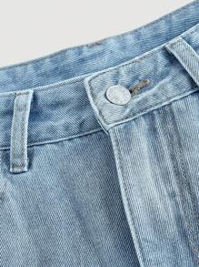 Sweetra Heart Shaped Stud & Faux Pearl Decor Women Frayed Hem Casual Denim Shorts - Light Wash - View 3