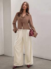 COSMINA Women's Plain Khaki Front Tie Long Sleeve Minimalist Business Casual Work Shirt, Casual Daily Wear FAll,Fall Tops,Elegant Women's Blouses - Brown - View 4