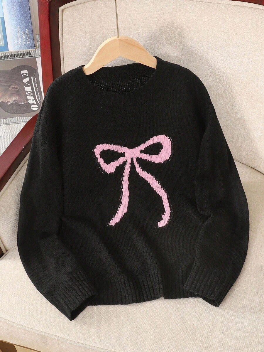 SHEIN Tween Girl Loose Casual Minimalist Comfortable Round Neck Pullover Sweater With Bow Design Fall Winter - Black - View 1