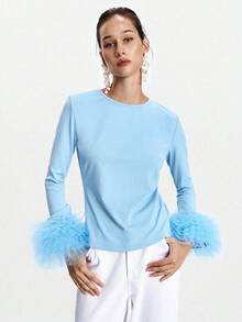 Lumivelle Camiseta corta de mujer para primavera/otoño/invierno, de punto elástico, con puños de malla bordada, de unicolor, ajustada, de cuello redondo, de manga larga, con espalda descubierta, puños exagerados, volantes en los puños, adecuada para banquetes, fiestas de noche, elegante, sexy, romántica, minimalista, casual