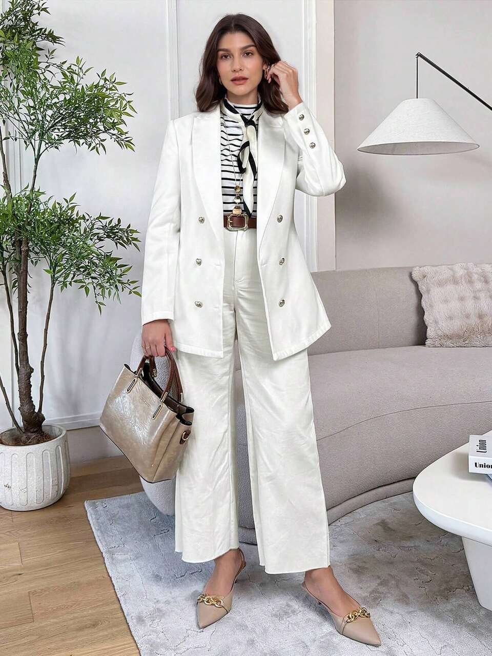 Women's Solid Color Lapel Neck Double-Breasted Long Sleeve Casual Overcoat, Autumn/Winter