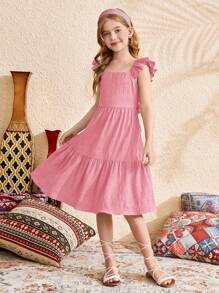 SHEIN Tween Girls' Ruffle Sleeve Bow Back Square Neck Textured Midi Dress - Baby Pink - View 11