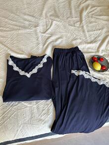 Dazy Plus 2 piezas Conjunto de pijama de talla grande para mujer con top holgado de cuello en V con parches de encaje y pantalones, ropa de otoño e invierno