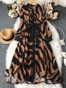 Comfylo Damen Große Größen Zebra-Muster Langarm Einreiher Lässig Hemdblusenkleid - Verschiedenfarbig - Übersicht 9