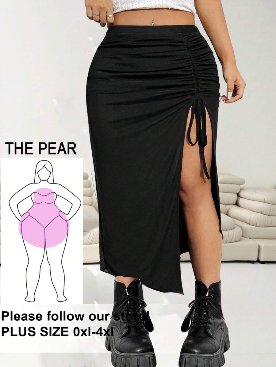 Solflare 大码女式纯色抽绳侧开衩时尚半身裙情人节 - 黑色 - 查看 1