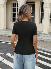 Serisse Women's Sweetheart Collar Metal Flower Single-Breasted Short Sleeve Elegant Blouse,Black Tops Summer