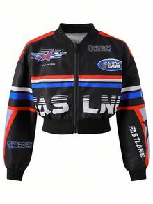 青少年女孩夹克外套，休闲街头赛车摩托车印花棒球夹克，适合搭配皮裤、长裤、中长裙、秋装 - 彩色 - 查看 3