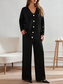 SHEIN Tall Completo da donna di grandi dimensioni composto da cardigan con dettagli in oro e pantaloni, 2 pezzi - nero - Visualizzare 3