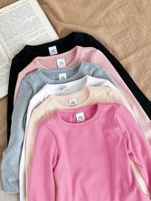 SHEIN LMoss Kids LMoss 年轻女孩休闲基础款纯色针织弹力长袖汗衫上衣多件 6 件套，非常适合秋冬季休闲日常穿着和上学日常，必备百搭，妈妈和女儿搭配，姐妹和我搭配， - 粉色 - 查看 5