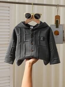 SHEIN 1 件男婴连帽拉链夹克，纹理棉混纺面料，适合秋冬季