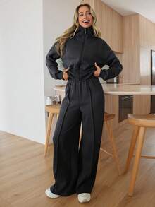 RueChic WOMAN COSY TWO PIECES LOUNGEWEAR WITH DOUBLE SIDE ZIPPER - Grey - View 6