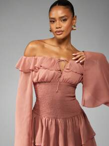MISSGUIDED Off Shoulder Ruffle Mini Dress With Bell Sleeves Smocked Waist Evening Party Wedding Guest Spring Summer - Camel - View 4