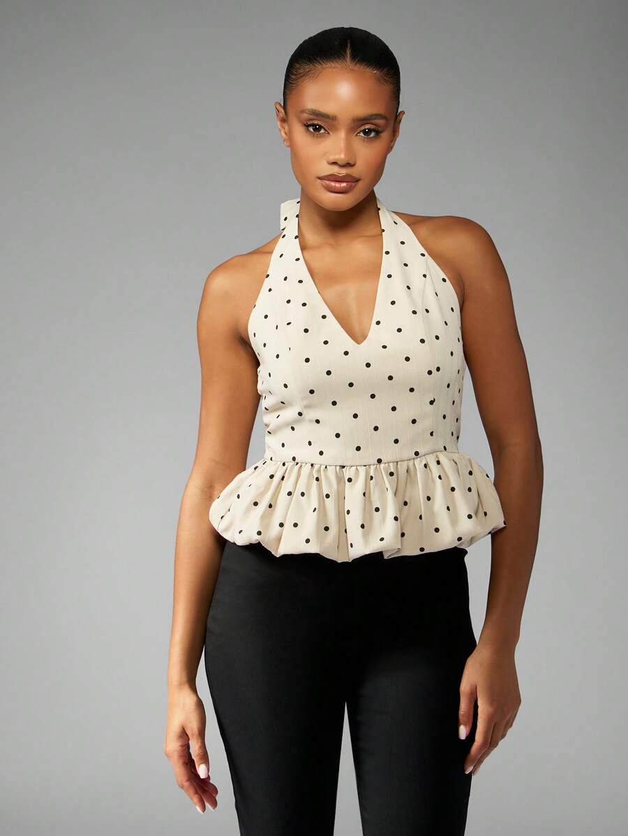 MISSGUIDED Polka Dot Halter Top Peplum Blouse Summer Retro V Neck Bubble Hem Sleeveless Blouse Fashion Party Evening Casual Peplum Top