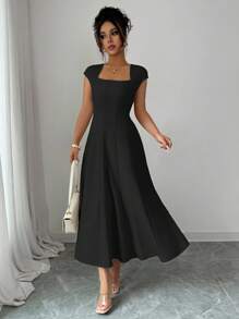 Elenzga 女士优雅纯色方领腰带拼接 A 字短袖中长连衣裙，适合春夏季通勤、海滩、度假、音乐节、啤酒节 - 黑色 - 查看 7