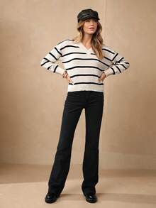 Wildy 黑白 V 领条纹落肩毛衣、长袖上衣 - 黑與白 - 查看 3