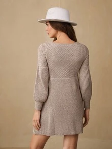 Wildy Lantern Sleeve Ribbed Knit Sweater Dress,Fall Dress - Apricot - View 2