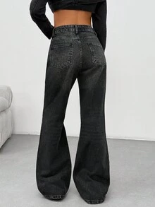 EURMUSE Women's Mid-Rise Pocketed Flare Wide Leg Loose Casual Versatile Jeans - Black - View 3