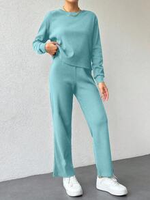 EURMUSE Cotton Women Solid Color Ribbed Tee & Pants - Mint Green - View 5