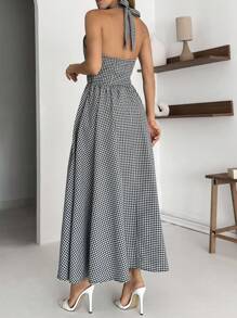 EURMUSE Gingham Dress With Halter Neck Detail - Black - View 2