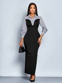 SOLERSUN Damen elegantes, lässiges Farbblock figurbetontes Langarm-Strickkleid mit Kragen, gestreiftes Patchwork-Strickkleid mit 2-in-1-Look, Winterkleidung für Frauen (zufälliges Blumenmuster) - Schwarz - Übersicht 6