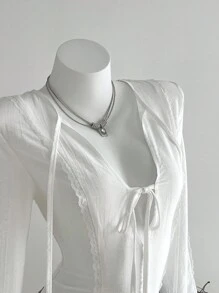 SHEIN Unity Camicetta leggera a maniche lunghe da donna con scollo a V, design di nicchia, vestibilità slim, con inserti in pizzo floreale delicato - Bianco - Visualizzare 5