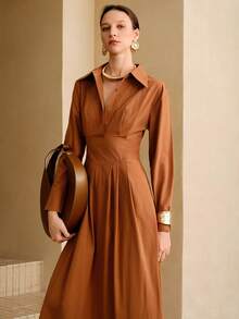 Aveloria Women's Half-Open Shirt Collar, Waist Pleated Design, Daily Workplace Commuting Casual Dress Toffee Color Shirt Dress Teacher Outfits For Women Business Casual Woman Office Outfits For Women Work Outfits For Women Work Dresses For Women Fall Women Clothes Fall Outfits Women Fall Autumn Clothes Maillard Style