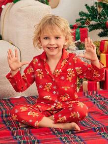 SHEIN Boys' Merry Christmas Pajamas - Gingerbread Man Print Burgundy Long Pants And Long Sleeve Cardigan Comfortable 2 Pieces Sleepwear Set, Family Matching Outfits (4 Sets Sold Separately) Matching Family Pajama Sets Fall Winter