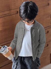 SHEIN Young Boys' Casual Twist Floral Front Zip Knit Cardigan Boys Cardigan Boys Zip Up Sweater Boys Knit Cardigan Boys Sweater Jacket Boys Knit Jacket Fall Winter