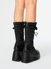 ROMWE Grunge Punk 女式黑色网眼面板厚底坡跟高跟鞋中筒朋克靴铆钉哥特暗黑风格休闲鞋，万圣节