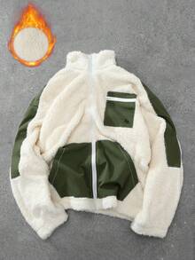 Claim Dot 男士时尚休闲针织拼接羊羔绒外套，拼接设计，舒适保暖面料，实用口袋，适合时尚日常休闲穿着、户外活动、休闲运动、节日礼物、男友礼物、秋冬季长袖上衣 - 米色 - 查看 4