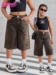 SHEIN Explorewe Tween Girl 新款夏季街头风复古豹纹宽松直筒阔腿七分裤