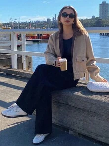 DAZY Damjacka med lapptäcke och kontrastfärgad krage, höst och vinter, damkappor