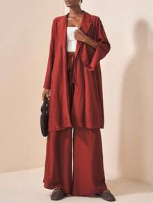 Zivah 2025春秋新款优雅通勤休闲派对宽松纯色红棕色长袖西装外套亚麻材质长外套和亚麻系腰阔腿裤女款两件套 - 棕色 - 查看 1