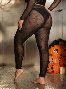 SHEIN EZwear 大尺碼女款蜘蛛網網格時尚緊身褲萬聖節 - 黑色 - 查看 3