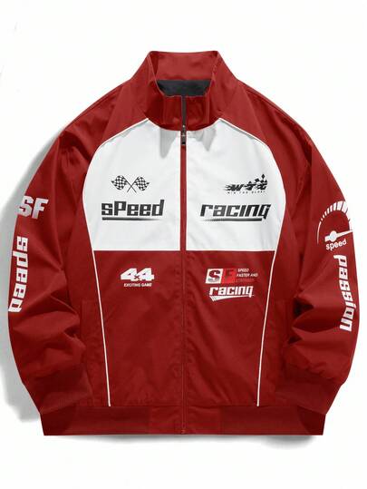 Manfinity EMRG 男士撞色字母图案长袖夹克，秋季户外风衣，垃圾摇滚