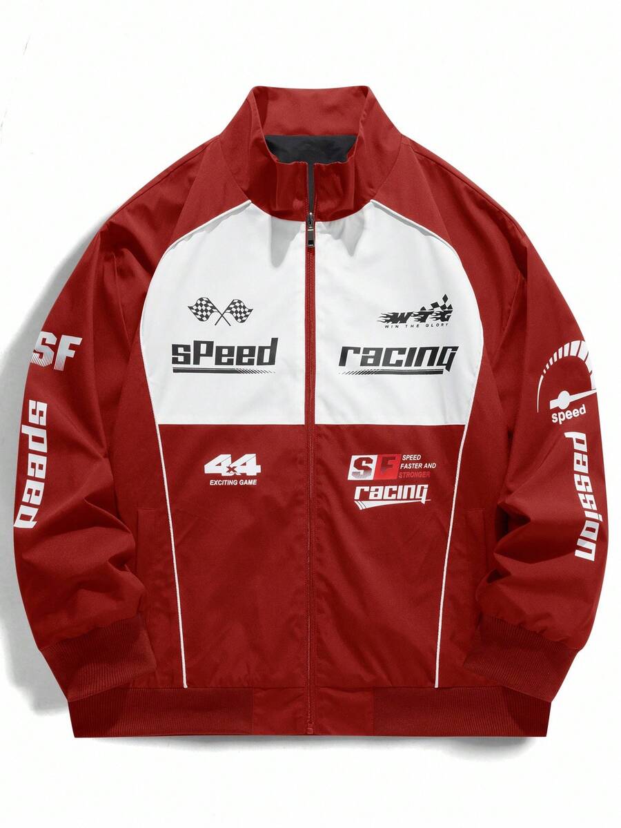 Manfinity EMRG Men's Contrast Color Letter Graphic Long Sleeve Jacket, Fall Outdoor Windbreaker, Grunge - Red - View 1