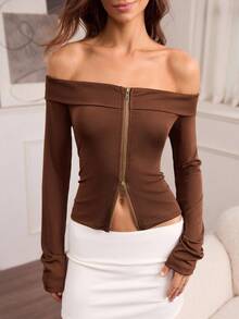 Hanevo Women's Fitted Off Shoulder Zipper Closure Casual T-Shirt Fall Cloth For Women - Brown - View 5