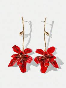 SHEIN Maija Pendientes largos de metal con flores de estilo exagerado para vacaciones - Rojo - Ver 1