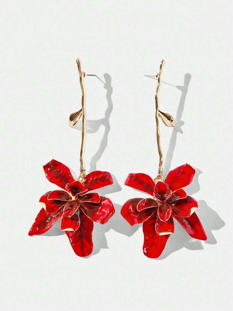 SHEIN Maija Pendientes largos de metal con flores de estilo exagerado para vacaciones - Rojo - Ver 1