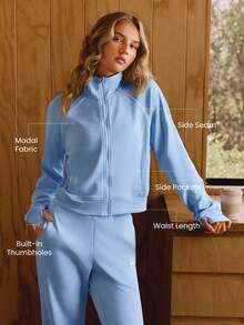 GLOWMODE SoftSerene 莫代尔对比滚边齐腰拇指孔合身拉链运动衫日常休闲装