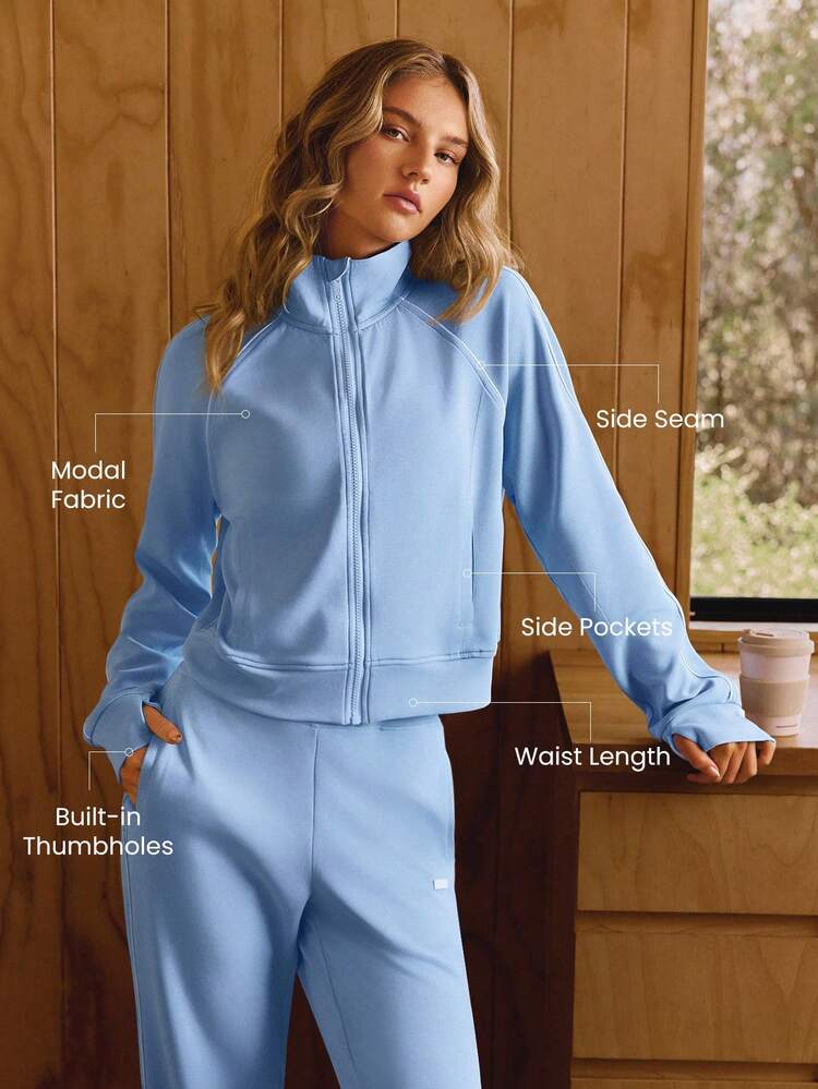 SoftCalm Modal Contrast Piping Waist-Length Thumbholes Fitted Zip-Up Sweatshirt Daily Casual Wear