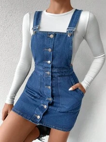 EURMUSE Slant Pocket Button Front Overall Denim Dress Without Tee - Dark Wash - View 3