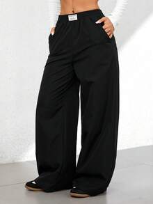 SHEIN PETITE 秋冬宽松休闲度假长袖黑色直筒长裤 - 黑色 - 查看 4